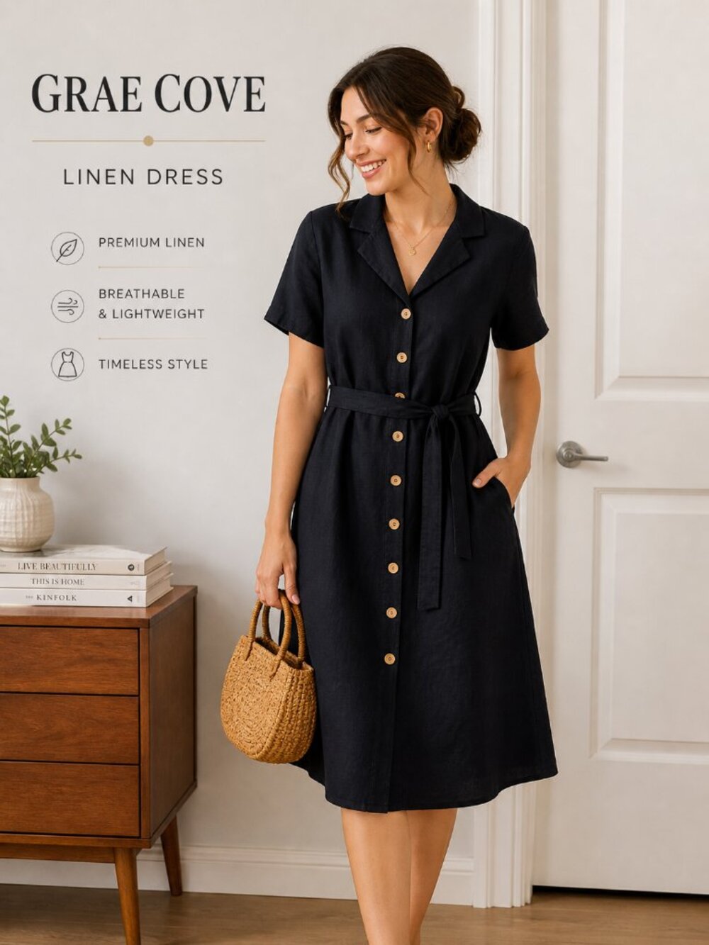 Grae Cove Navy Blue Linen Short-Sleeve Belted Shirt Dress - Women Sz S